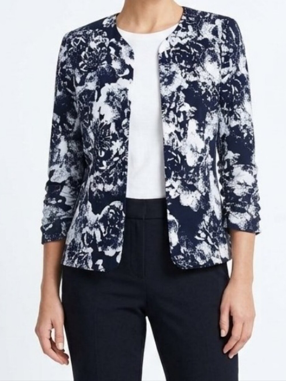 Jessica Howard Cardigan Bolero Open Front Navy Blue Floral  3/4 Sleeve Crop Sz 8
